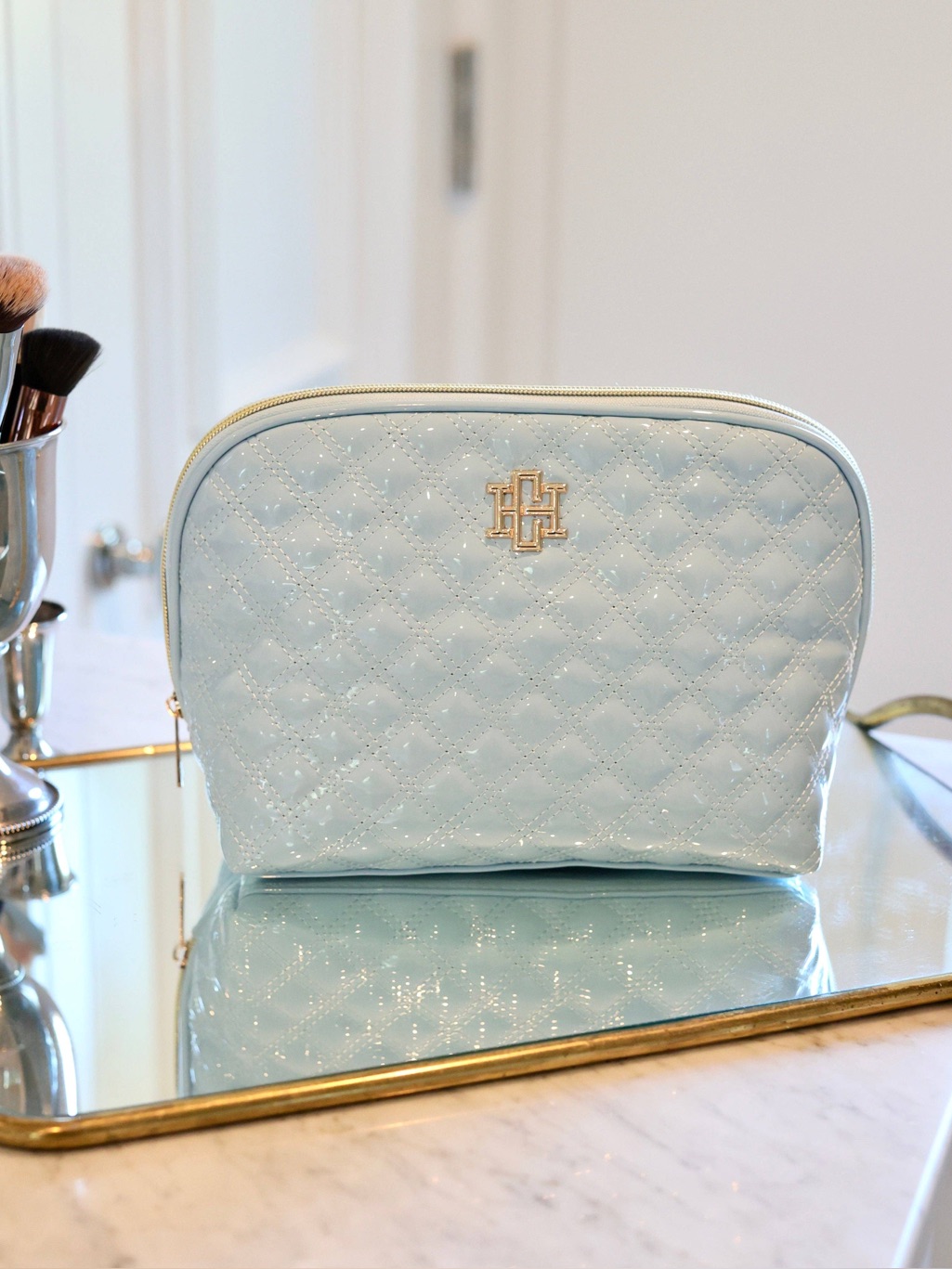 Caroline Hill Capri Large Light Blue Patent Makeup Pouch